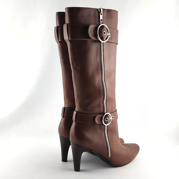 ECCO Tall Tan Leather Heeled Boots Strap &amp; Buckle Zip Feature Size 37