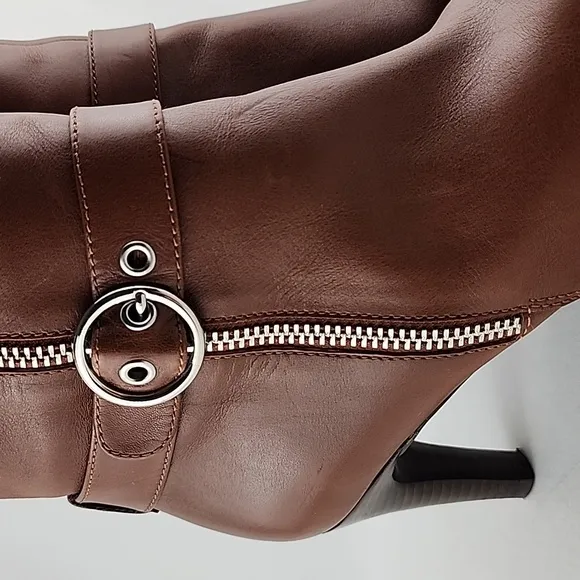 ECCO Tall Tan Leather Heeled Boots Strap &amp; Buckle Zip Feature Size 37