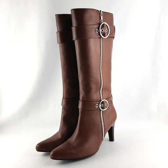 ECCO Tall Tan Leather Heeled Boots Strap &amp; Buckle Zip Feature Size 37