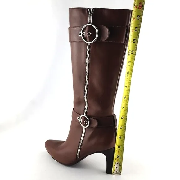 ECCO Tall Tan Leather Heeled Boots Strap &amp; Buckle Zip Feature Size 37
