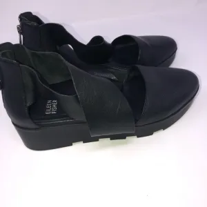 𝅺Eileen Fisher Bovery Shoes black Leather Zip Heel size 6.5 wedge sandals