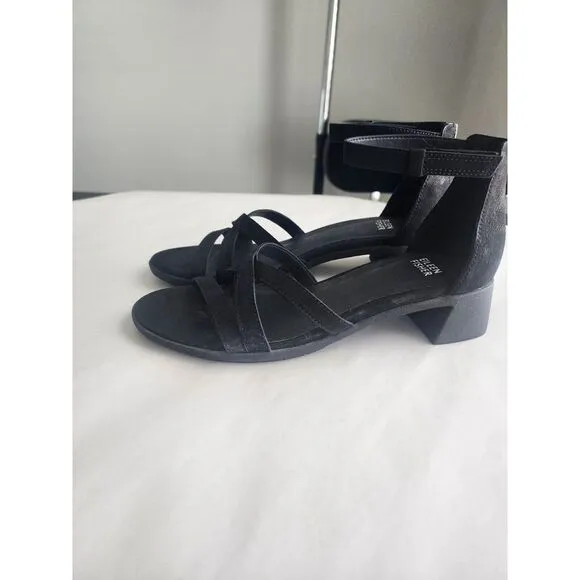 EILEEN FISHER Noni Sandals Black Size 7 $165 Strappy Ankle Strap Zipper Shoes