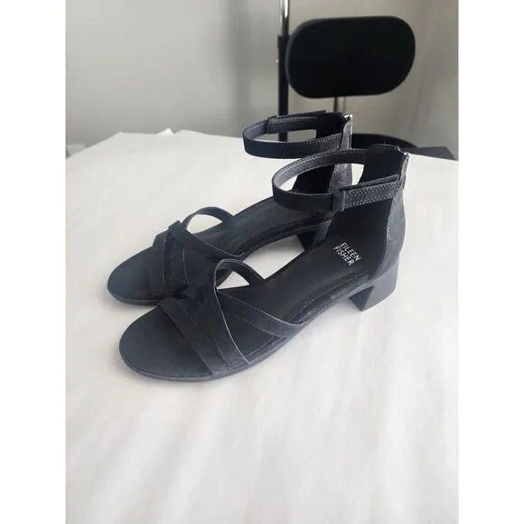 EILEEN FISHER Noni Sandals Black Size 7 $165 Strappy Ankle Strap Zipper Shoes