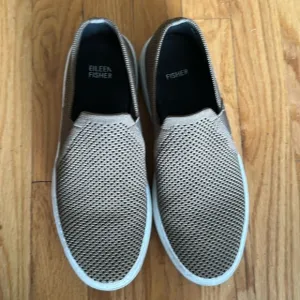 Eileen Fisher slip on sneakers brown and white sneakers, great cond pre owned