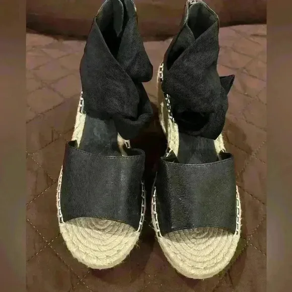 Eileen Fisher Wiley Sandals Shoes 6 Black Leather Zip Up Wedge Knot Espadrille