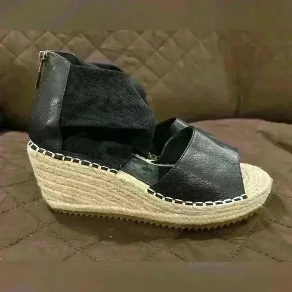 Eileen Fisher Wiley Sandals Shoes 6 Black Leather Zip Up Wedge Knot Espadrille
