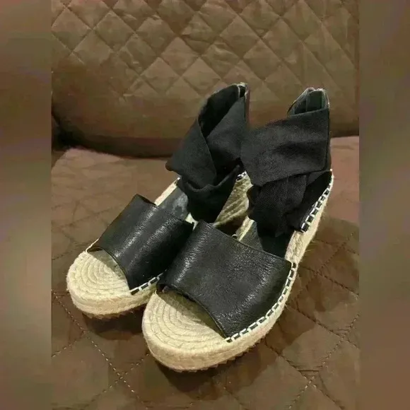 Eileen Fisher Wiley Sandals Shoes 6 Black Leather Zip Up Wedge Knot Espadrille