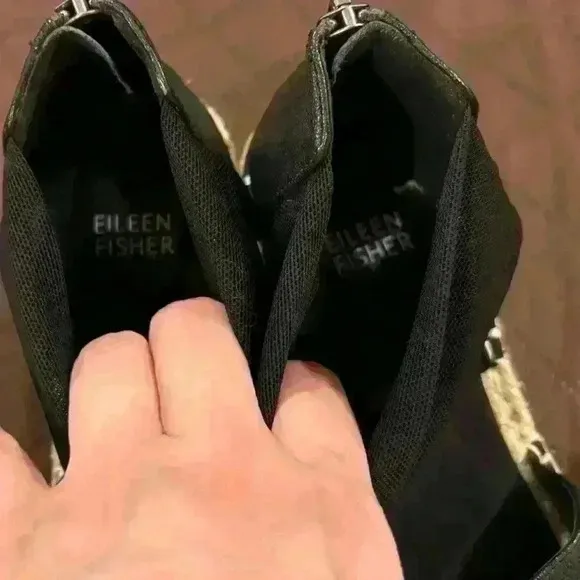 Eileen Fisher Wiley Sandals Shoes 6 Black Leather Zip Up Wedge Knot Espadrille