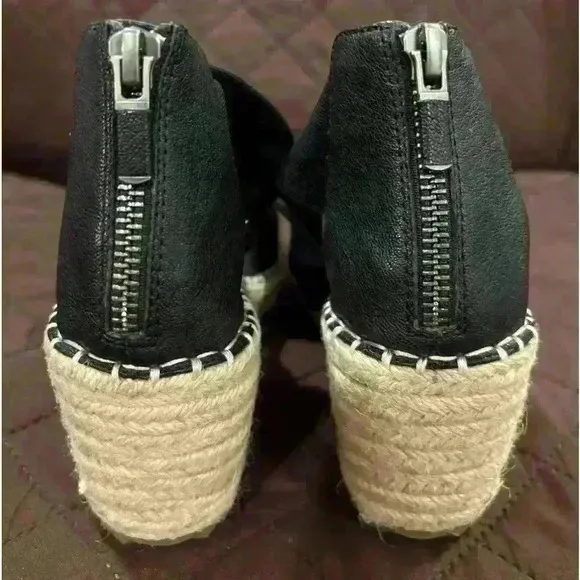 Eileen Fisher Wiley Sandals Shoes 6 Black Leather Zip Up Wedge Knot Espadrille