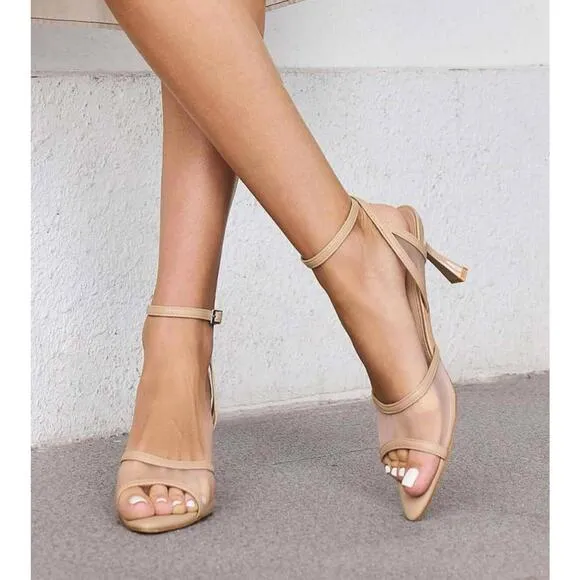 Elegant Open Toe Nylon Mesh Ankle Strap Heels