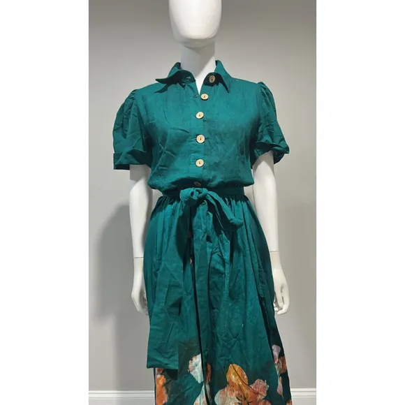 Elisamama Asake Green floral Cotton Shirtdress Size Small NWT