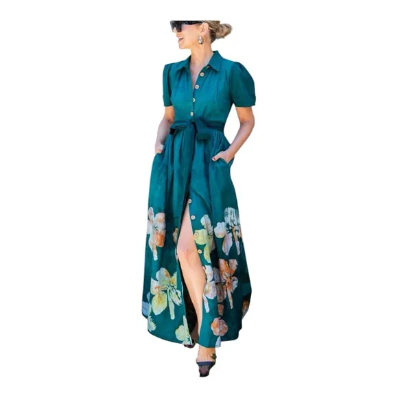 Elisamama Asake Green floral Cotton Shirtdress Size Small NWT