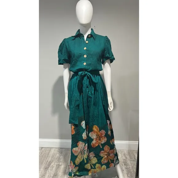 Elisamama Asake Green floral Cotton Shirtdress Size Small NWT