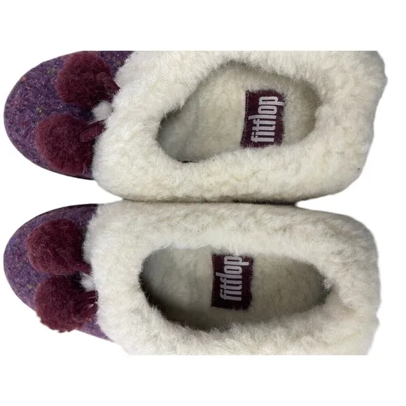 Fit Flop Loafer Women's Size 5 Purple White Loaff Snug Pom Slippers