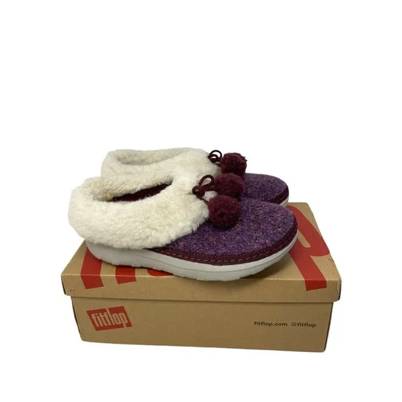 Fit Flop Loafer Women's Size 5 Purple White Loaff Snug Pom Slippers
