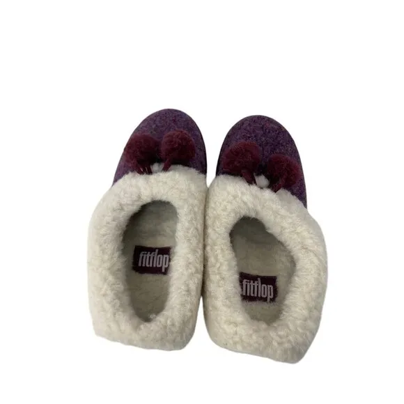 Fit Flop Loafer Women's Size 5 Purple White Loaff Snug Pom Slippers
