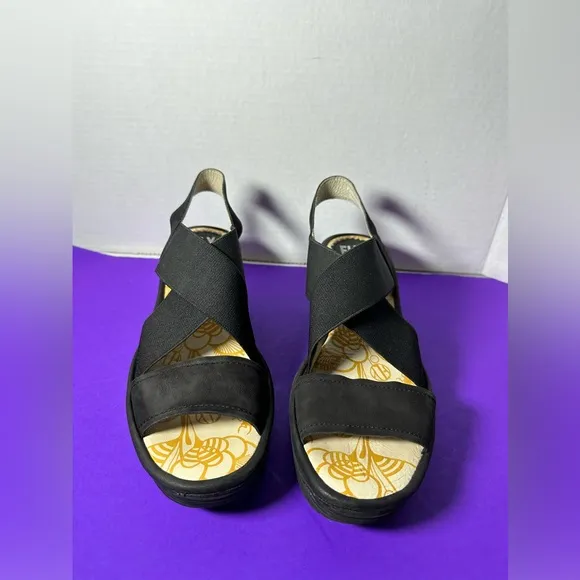 Fly London Wedge Black Sandals Strappy Platform Heels Shoes Size 39