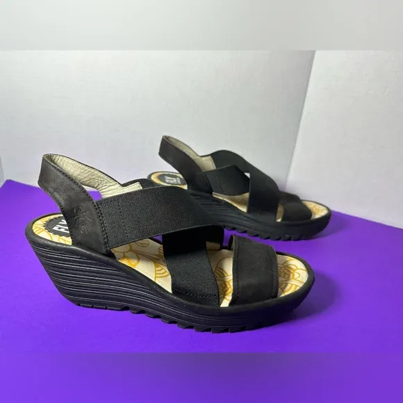 Fly London Wedge Black Sandals Strappy Platform Heels Shoes Size 39