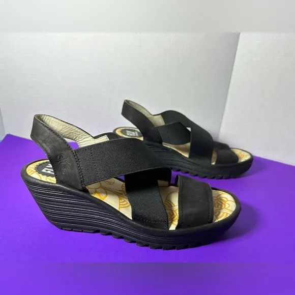 Fly London Wedge Black Sandals Strappy Platform Heels Shoes Size 39