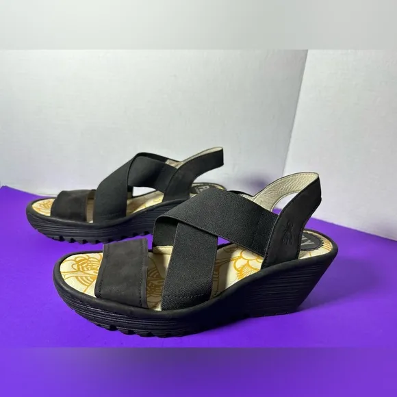 Fly London Wedge Black Sandals Strappy Platform Heels Shoes Size 39