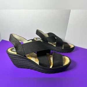 Fly London Wedge Black Sandals Strappy Platform Heels Shoes Size 39