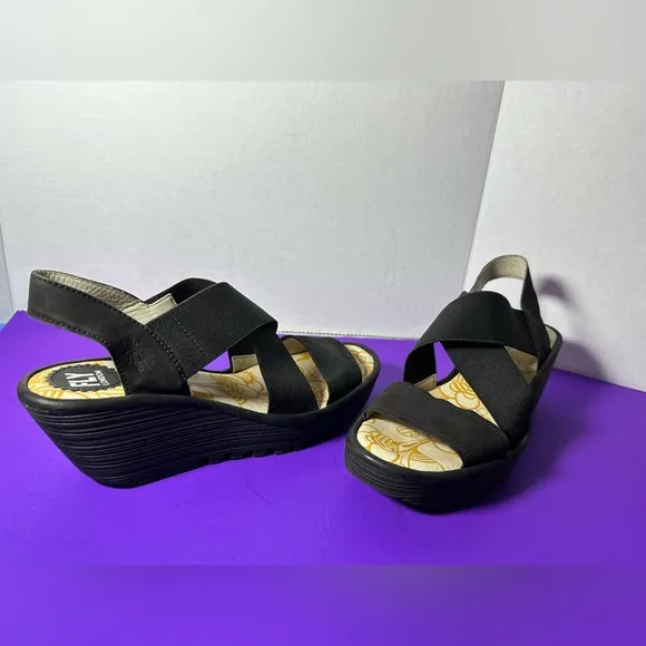 Fly London Wedge Black Sandals Strappy Platform Heels Shoes Size 39