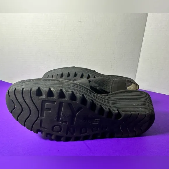 Fly London Wedge Black Sandals Strappy Platform Heels Shoes Size 39