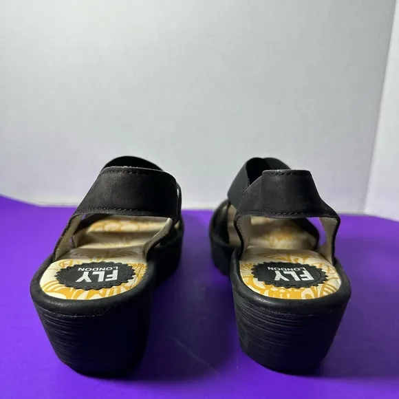 Fly London Wedge Black Sandals Strappy Platform Heels Shoes Size 39