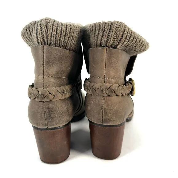 Fossil Grey Leather Slip On Ankle Boots Heeled Knit Ankle Womens Size 9