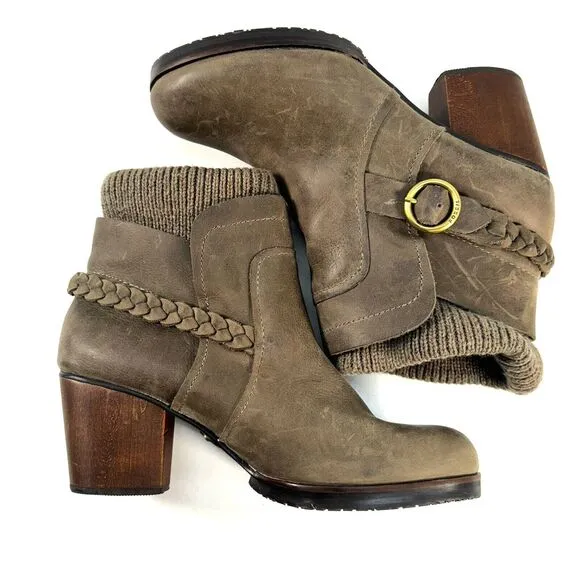 Fossil Grey Leather Slip On Ankle Boots Heeled Knit Ankle Womens Size 9