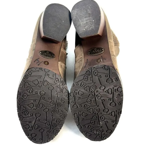 Fossil Grey Leather Slip On Ankle Boots Heeled Knit Ankle Womens Size 9