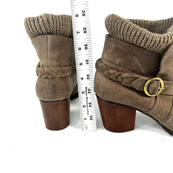 Fossil Grey Leather Slip On Ankle Boots Heeled Knit Ankle Womens Size 9