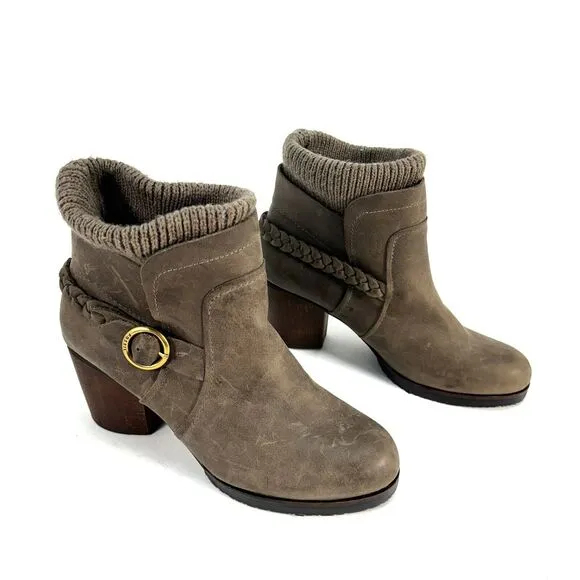 Fossil Grey Leather Slip On Ankle Boots Heeled Knit Ankle Womens Size 9
