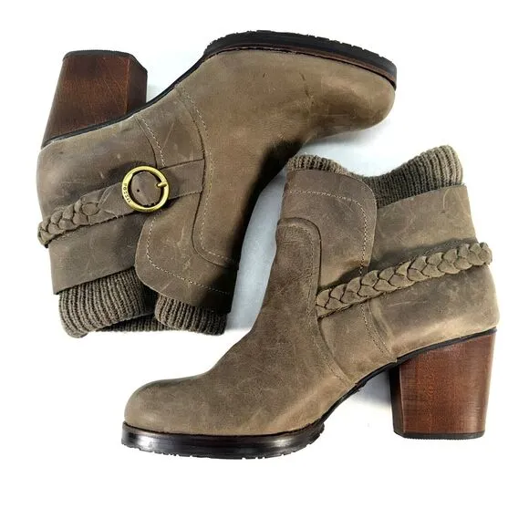 Fossil Grey Leather Slip On Ankle Boots Heeled Knit Ankle Womens Size 9