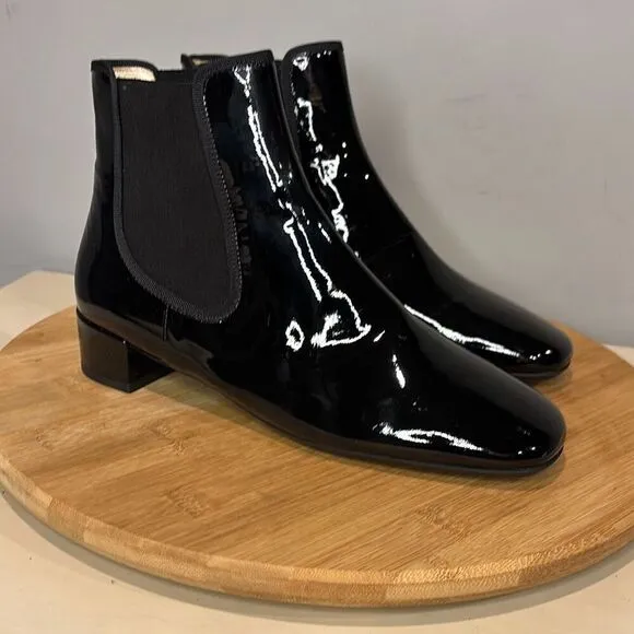 Frances Valentine Molly Patent Leather Square Toe Chelsea Boots Black Size 5.5 -