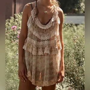Free People Bali Theodora Ruffled Scoop Neck Lace Slip Mini Dress Size Small