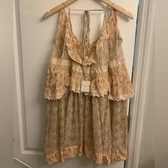 Free People Bali Theodora Ruffled Scoop Neck Lace Slip Mini Dress Size Small