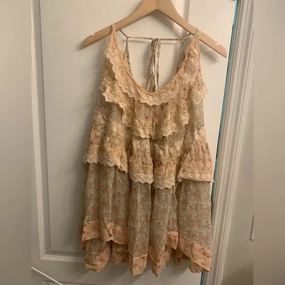 Free People Bali Theodora Ruffled Scoop Neck Lace Slip Mini Dress Size Small