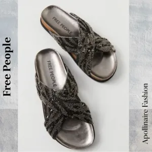 Free People Moonchild Embellished Women's Black and Silver Sandals Size 38.5 New