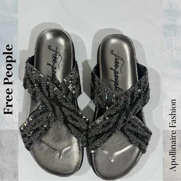 Free People Moonchild Embellished Women's Black and Silver Sandals Size 38.5 New