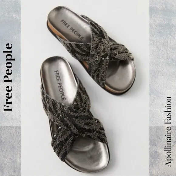 Free People Moonchild Embellished Women's Black and Silver Sandals Size 38.5 New