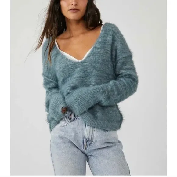 FREE PEOPLE Serendipity V Neck Sweater Storm Combo NWT