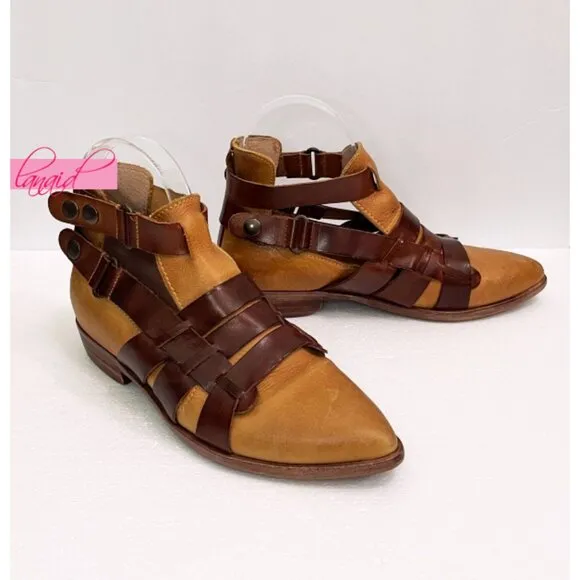 Free People Style-Nine Ankle Boots Leather Distressed Strappy Buckles Freebird 6