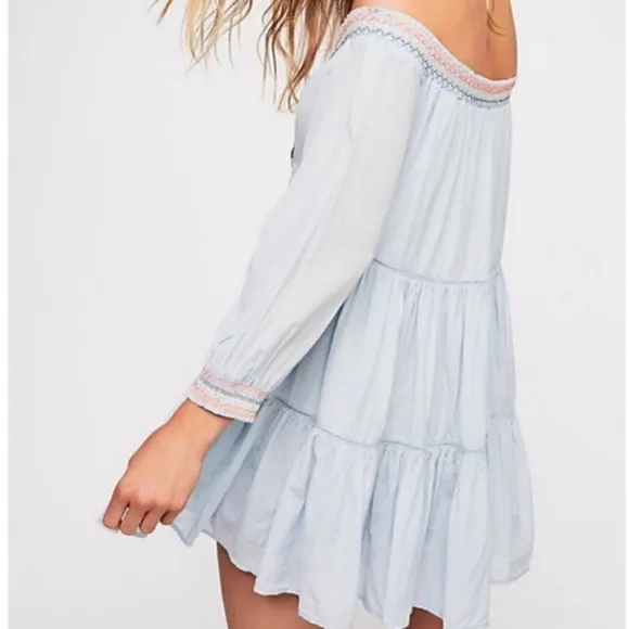 Free People Sunbeams Embroidered Mini Dress Off Shoulder XS
