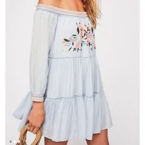 Free People Sunbeams Embroidered Mini Dress Off Shoulder XS