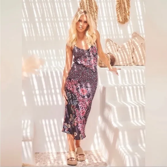 Free People Your Better Side Slip Midi Dress Color Black Combo NWT