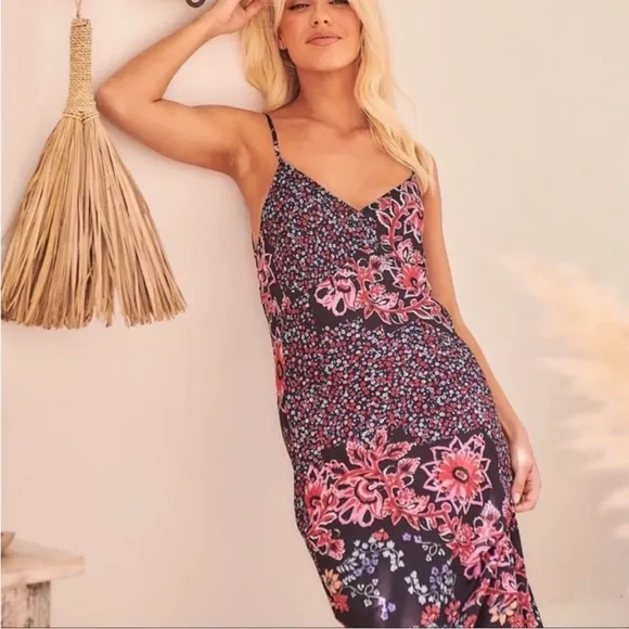 Free People Your Better Side Slip Midi Dress Color Black Combo NWT