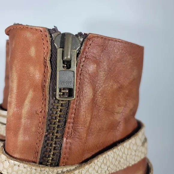 Freebird by Steven Balboa Tan Leather Ankle Boots Zippers Snakeskin Straps Sz 7