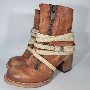 Freebird by Steven Balboa Tan Leather Ankle Boots Zippers Snakeskin Straps Sz 7