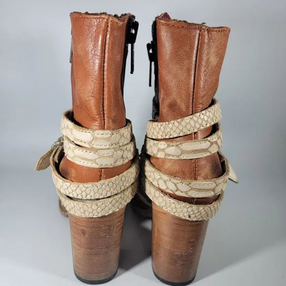 Freebird by Steven Balboa Tan Leather Ankle Boots Zippers Snakeskin Straps Sz 7
